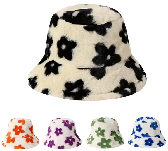 Floral Printed Fur Bucket Hat - Ivory - One Size